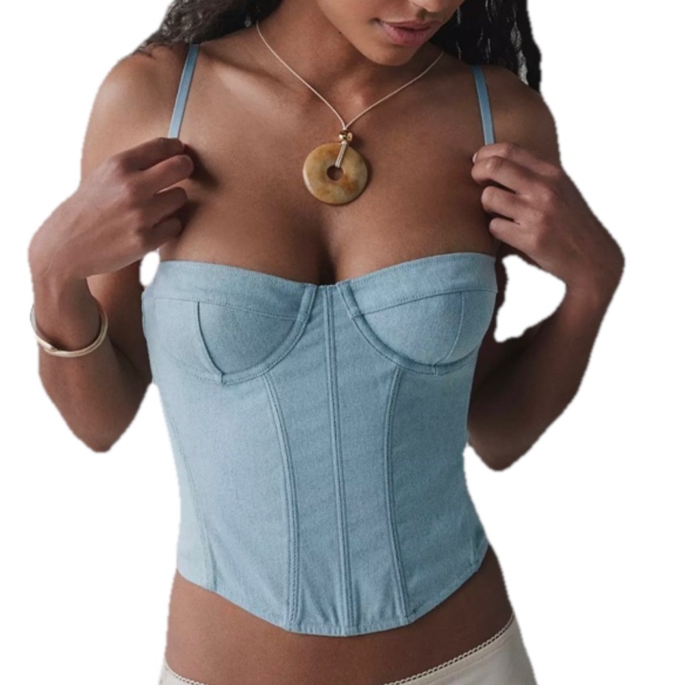 Urban Outfitters Corset Top Denim Blue Large Light Wash NWT Western